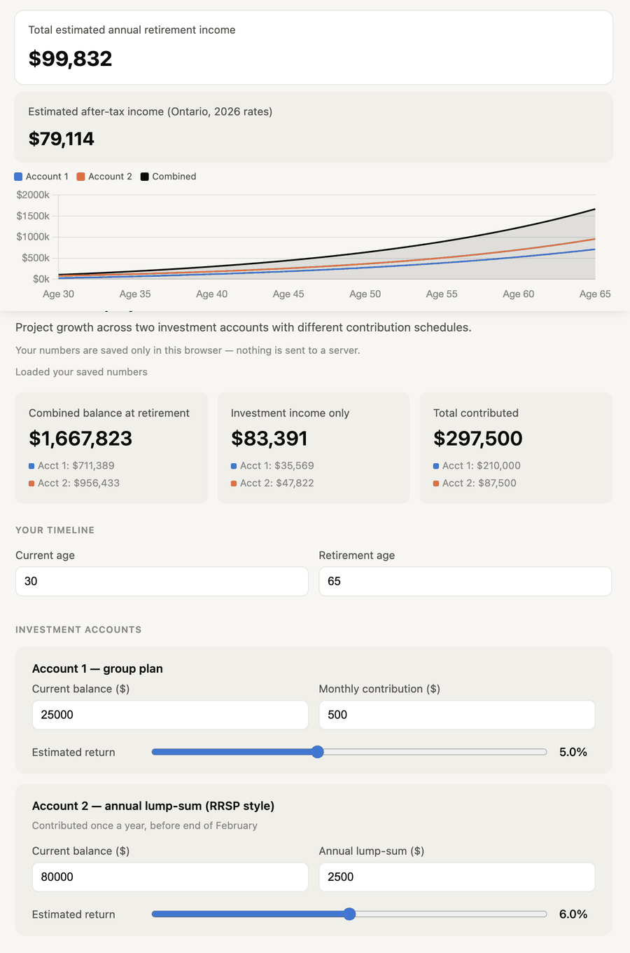 Investment projection calculator on a narrow screen, with the results panel and chart pinned at the top while the inputs scroll underneath