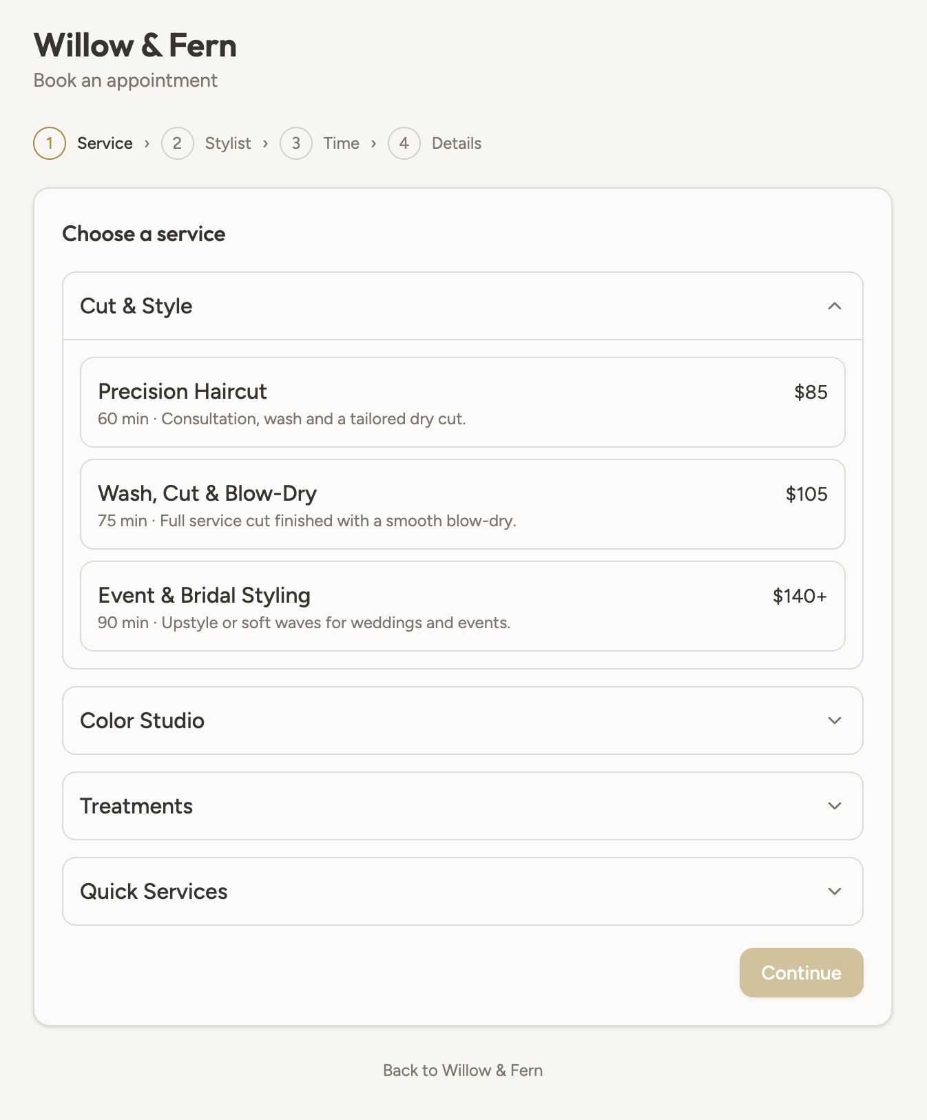 Folio Studio customer booking flow, step 1 of 4, showing a list of services grouped by category with prices and durations