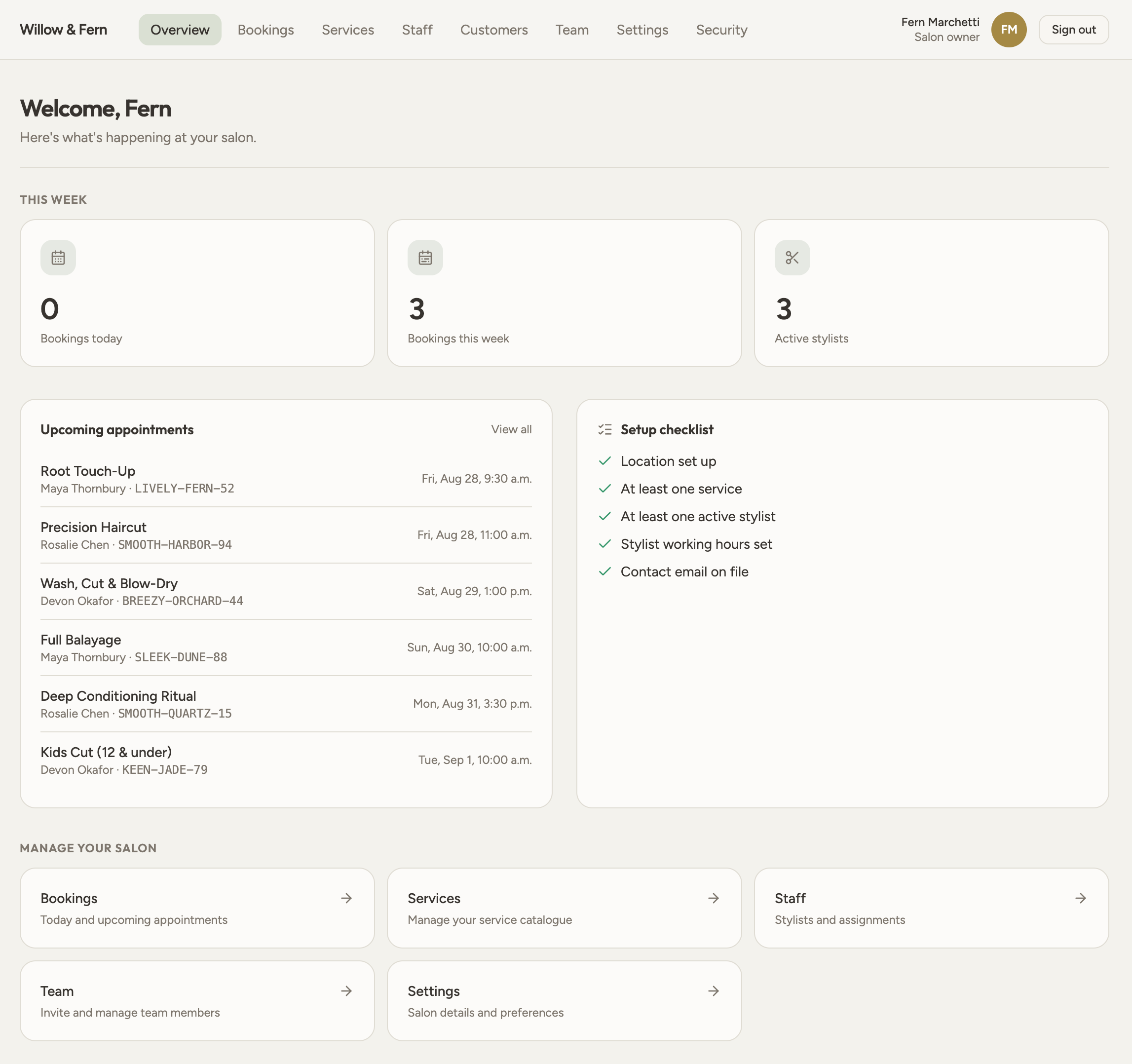 Folio Studio salon owner dashboard showing bookings today, bookings this week, active stylists, upcoming appointments, and a setup checklist