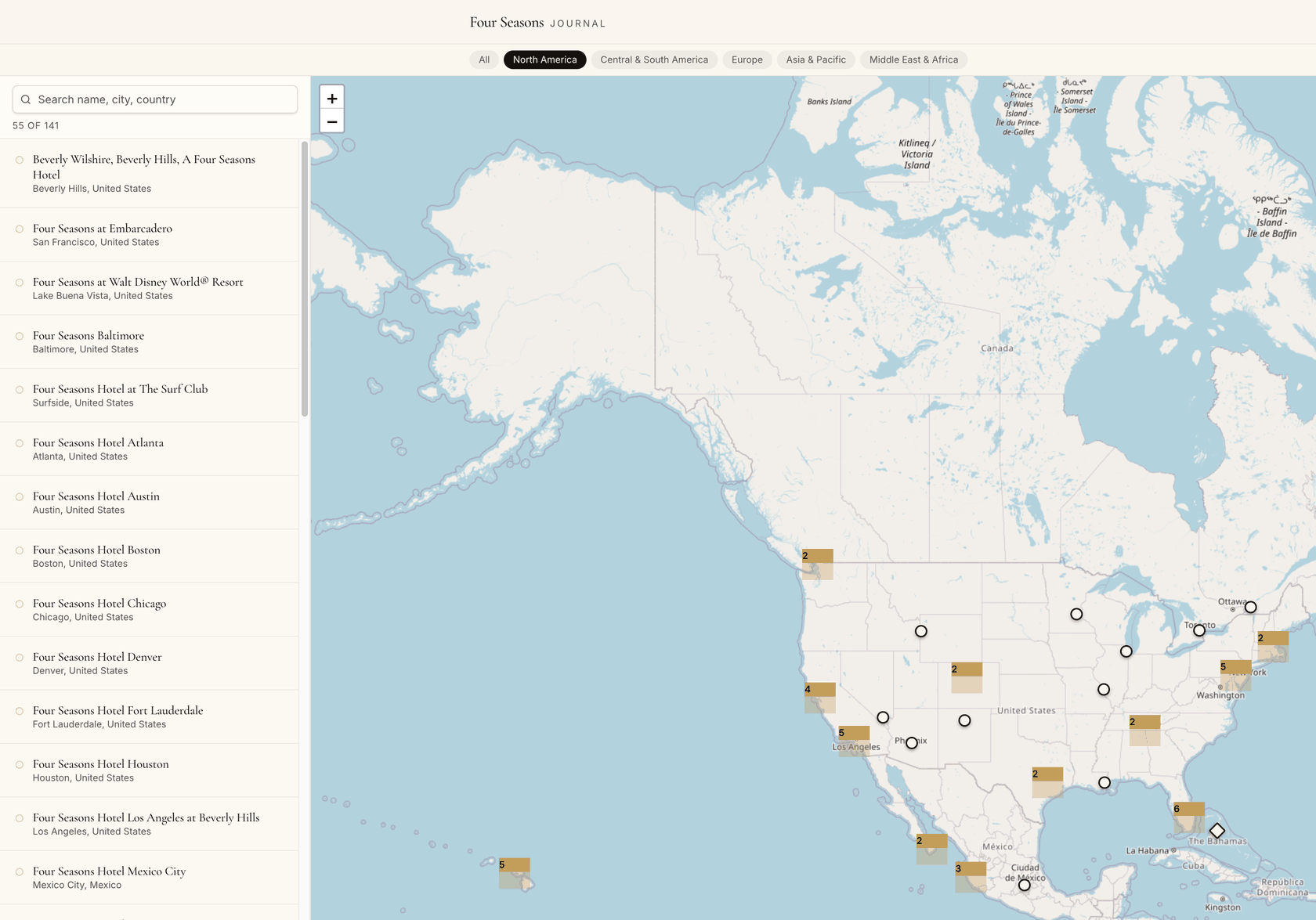 Four Seasons Journal zoomed into North America, showing individual property clusters across the US and Canada with a synced list on the left
