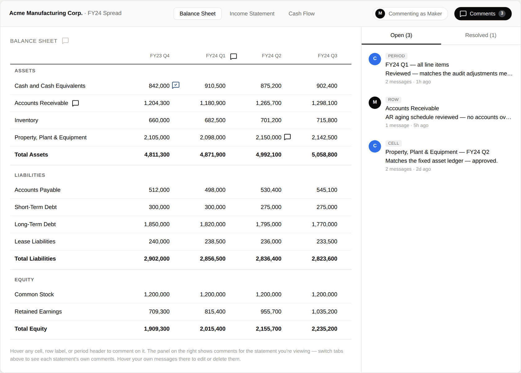 Automated Spreading balance sheet with a threaded comments panel open on the right, showing open and resolved comment threads at the cell, row, and period level